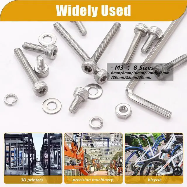 Alt view image 5 of 6 - 540PCS M3 Screw Kit,8 Sizes M3 x 6mm/8mm/10mm/12mm/16mm/20mm/25mm/30mm 304 Stainless Steel Hex Socket Head Cap Screws Bolts Washers Nuts Kit,Small Metric Screws