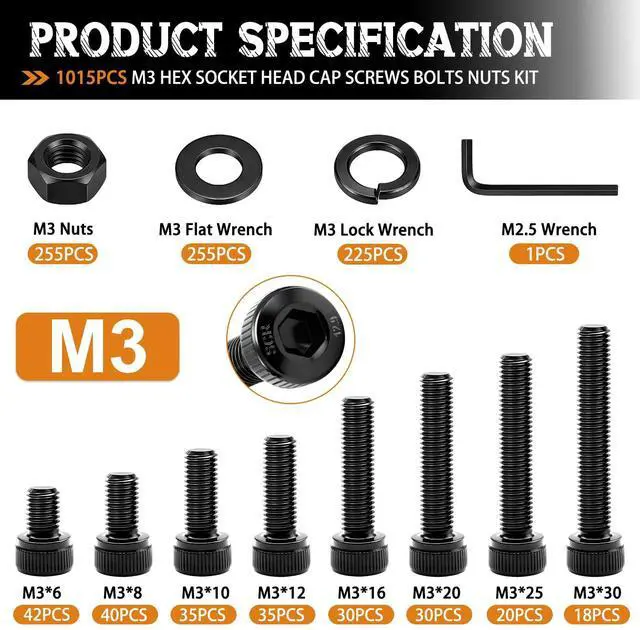 Alt view image 2 of 6 - 1015PCS M3 Screws Kit, M3×6/8/10/12/16/20/25/30mm Hex Socket Head Cap Screws,12.9 Grade Alloy Steel Machine Screws with Nuts & Washers for 3D Printer Electronics DIY Repair