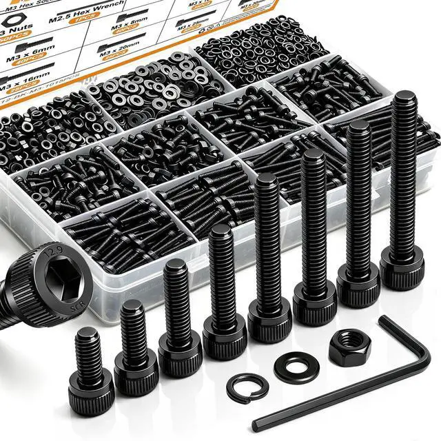 Main image of 1015PCS M3 Screws Kit, M3×6/8/10/12/16/20/25/30mm Hex Socket Head Cap Screws,12.9 Grade Alloy Steel Machine Screws with Nuts & Washers for 3D Printer Electronics DIY Repair