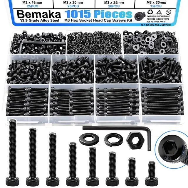 Main image of 1015PCS M3 Screws Kit, M3x6/8/10/12/16/20/25/30mm Hex Socket Head Cap Screws Bolts Nuts Washers Kit, 12.9 Grade Alloy Steel Metric Machine Screw for 3D Printing
