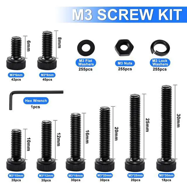 Alt view image 2 of 6 - 1015PCS M3 Screws Kit, M3x6/8/10/12/16/20/25/30mm Hex Socket Head Cap Screws Bolts Nuts Washers Kit, 12.9 Grade Alloy Steel Metric Machine Screw for 3D Printing