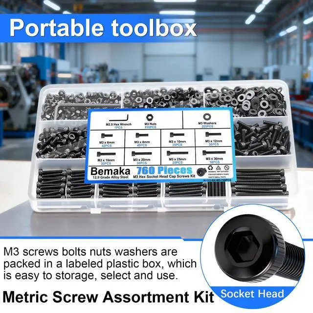 Alt view image 5 of 6 - 1015PCS M3 Screws Kit, M3x6/8/10/12/16/20/25/30mm Hex Socket Head Cap Screws Bolts Nuts Washers Kit, 12.9 Grade Alloy Steel Metric Machine Screw for 3D Printing
