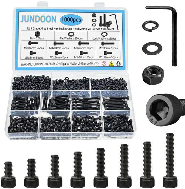 Main image of 1000-Piece M3 Hex Socket Head Cap Screw Assortment Kit, 8 Sizes (M3x6/8/10/12/16/20/25/30mm), 12.9 Grade Alloy Steel, Black Zinc Plated, with Nuts & Washers for 3D Printer, Electronics, DIY