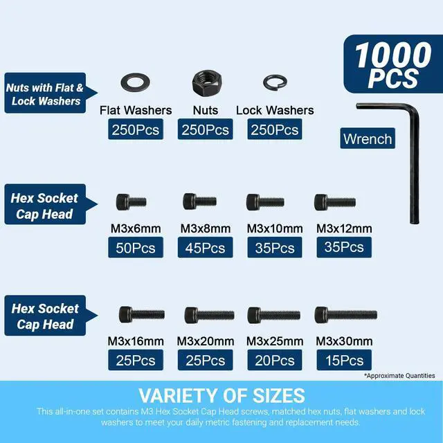 Alt view image 3 of 7 - 1000-Piece M3 Hex Socket Head Cap Screw Assortment Kit, 8 Sizes (M3x6/8/10/12/16/20/25/30mm), 12.9 Grade Alloy Steel, Black Zinc Plated, with Nuts & Washers for 3D Printer, Electronics, DIY