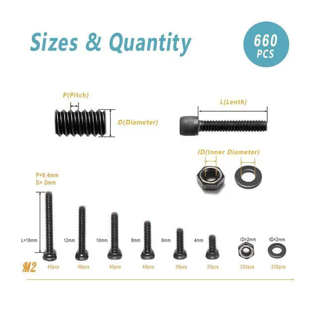 Alt view image 2 of 7 - Metric Screw Assortment, 660 Pcs M2 Screws, M2*4mm/6mm/8mm/10mm/12mm/16mm,12.9 Grade Alloy Steel, Metric Hex Socket Head Cap Screws Nuts Washers Kit, Black Zinc Plated Anti Rust Upgrade
