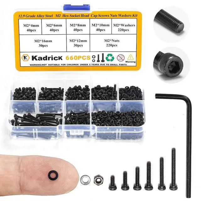 Main image of Metric Screw Assortment, 660 Pcs M2 Screws, M2*4mm/6mm/8mm/10mm/12mm/16mm,12.9 Grade Alloy Steel, Metric Hex Socket Head Cap Screws Nuts Washers Kit, Black Zinc Plated Anti Rust Upgrade