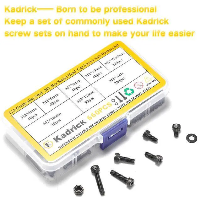 Alt view image 7 of 7 - Metric Screw Assortment, 660 Pcs M2 Screws, M2*4mm/6mm/8mm/10mm/12mm/16mm,12.9 Grade Alloy Steel, Metric Hex Socket Head Cap Screws Nuts Washers Kit, Black Zinc Plated Anti Rust Upgrade