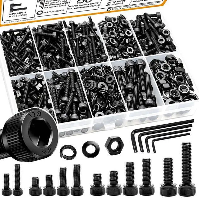 Main image of 888PCS Metric Screw Assortment Kit M2 M2.5 M3 M4 Hex Socket Head Cap Bolts Nuts & Washers Set 12.9 Grade Alloy Steel Zinc Plated Metric Machine Screws
