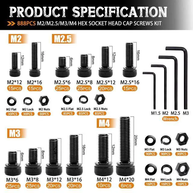 Alt view image 2 of 6 - 888PCS Metric Screw Assortment Kit M2 M2.5 M3 M4 Hex Socket Head Cap Bolts Nuts & Washers Set 12.9 Grade Alloy Steel Zinc Plated Metric Machine Screws