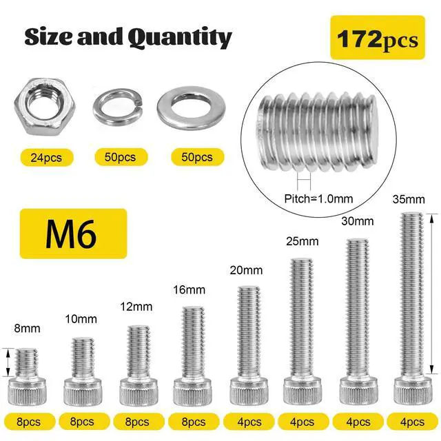 Alt view image 2 of 7 - 172pcs M6 Screws Assortment kit, M6x8/10/12/16/20/25/30/35 mm Hex Socket Head Bolts Assorted Kit, 304 Stainless Steel Screw Set with Nuts, Flat & Lock Washers
