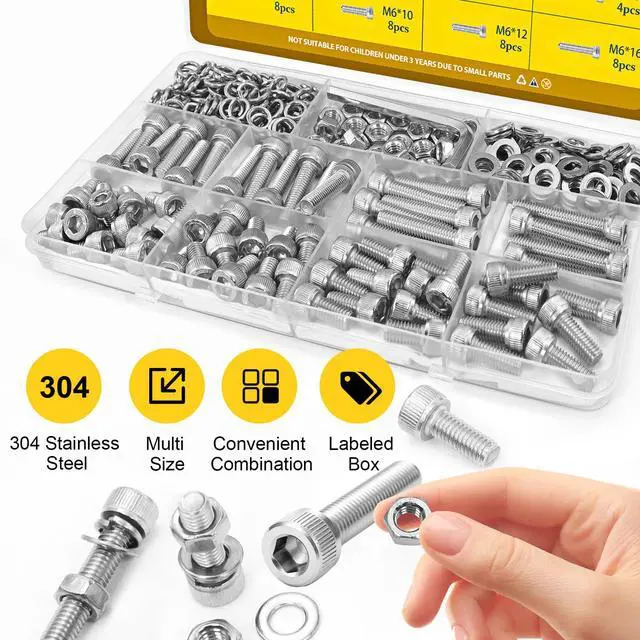 Alt view image 5 of 7 - 172pcs M6 Screws Assortment kit, M6x8/10/12/16/20/25/30/35 mm Hex Socket Head Bolts Assorted Kit, 304 Stainless Steel Screw Set with Nuts, Flat & Lock Washers