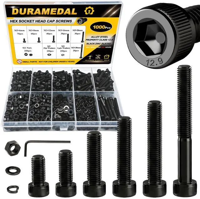 Main image of M3 Socket Head Cap Screws Assortment Kit 1000Pcs, M3x6/8/12/16/20/30mm Hex Bolts with Nuts & Washers, 12.9 Grade Alloy Steel Black Zinc, 3D Printing DIY Fastener Set