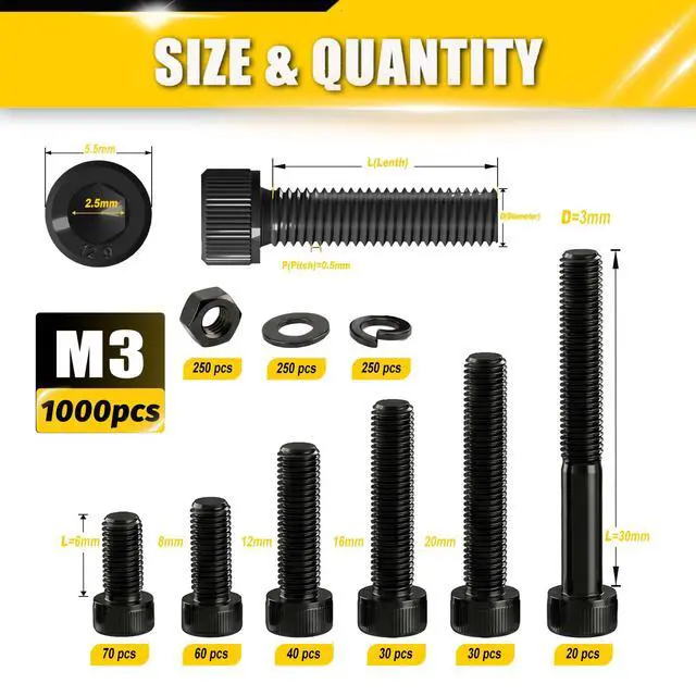 Alt view image 2 of 7 - M3 Socket Head Cap Screws Assortment Kit 1000Pcs, M3x6/8/12/16/20/30mm Hex Bolts with Nuts & Washers, 12.9 Grade Alloy Steel Black Zinc, 3D Printing DIY Fastener Set