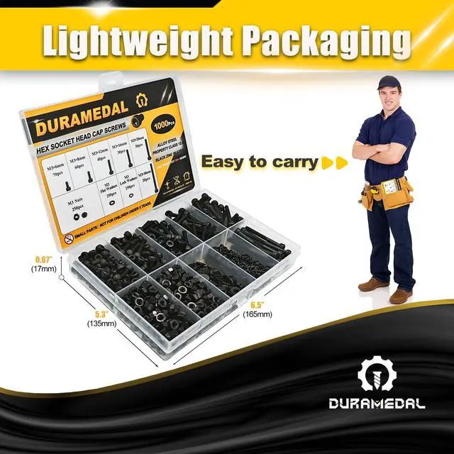 Alt view image 6 of 7 - M3 Socket Head Cap Screws Assortment Kit 1000Pcs, M3x6/8/12/16/20/30mm Hex Bolts with Nuts & Washers, 12.9 Grade Alloy Steel Black Zinc, 3D Printing DIY Fastener Set