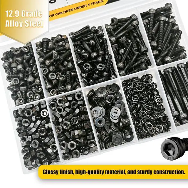 Alt view image 5 of 7 - M3 Socket Head Cap Screws Assortment Kit 1000Pcs, M3x6/8/12/16/20/30mm Hex Bolts with Nuts & Washers, 12.9 Grade Alloy Steel Black Zinc, 3D Printing DIY Fastener Set