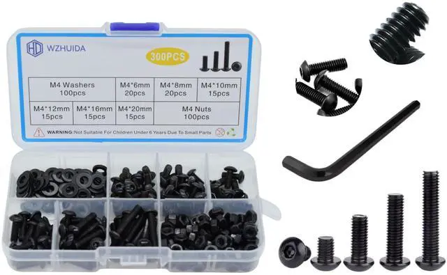 Main image of 300Pcs M4 Screw Assortment Button Head Socket Cap, M4*6mm, 8mm, 10mm, 12mm, 16mm, 20mm, Metric Bolts Nuts Washers Kit with 1 Hex Allen Wrench, Black Zinc Plated Anti Rust Upgrade
