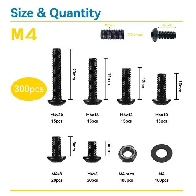 Alt view image 2 of 7 - 300Pcs M4 Screw Assortment Button Head Socket Cap, M4*6mm, 8mm, 10mm, 12mm, 16mm, 20mm, Metric Bolts Nuts Washers Kit with 1 Hex Allen Wrench, Black Zinc Plated Anti Rust Upgrade