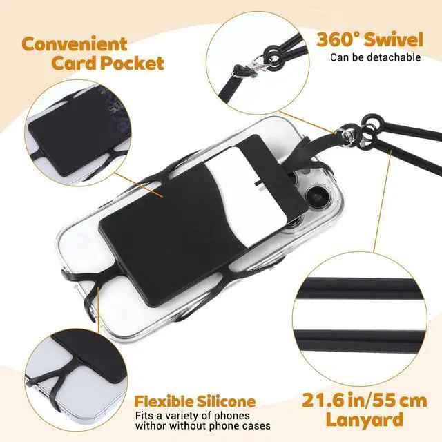 Alt view image 3 of 7 - 2 Pack Cell Phone Lanyard, Adjustable Neck Phone Lanyard with Card Pocket Universal Silicone Phone Holder for Around the Neck Compatible with Most Smartphones