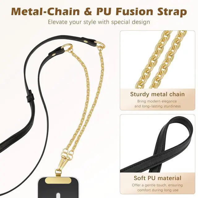 Alt view image 2 of 7 - Universal Phone Crossbody Lanyard Phone Chain, Anti-Theft Adjustable Cellphone Cross Body Neck Strap & iPhone Wrist Strap with 2×Metal Tether Tabs for iPhone 17, Most Smartphones, Black&Gold
