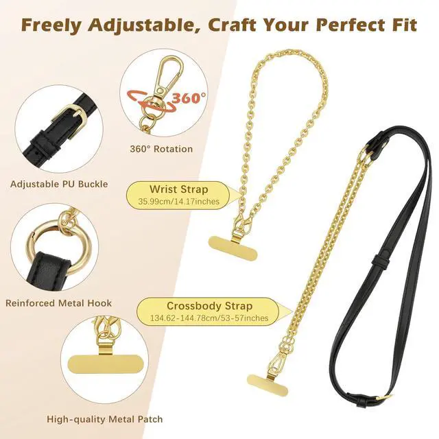 Alt view image 3 of 7 - Universal Phone Crossbody Lanyard Phone Chain, Anti-Theft Adjustable Cellphone Cross Body Neck Strap & iPhone Wrist Strap with 2×Metal Tether Tabs for iPhone 17, Most Smartphones, Black&Gold