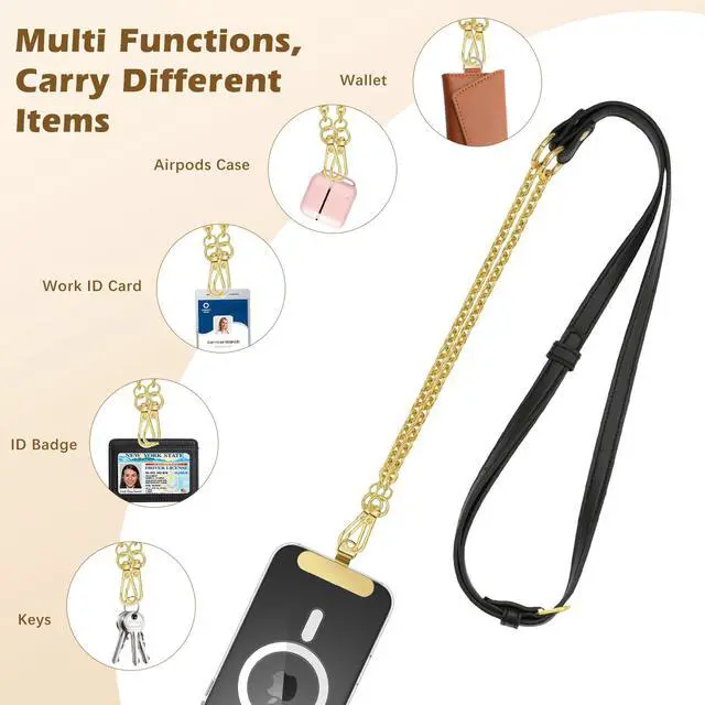Alt view image 6 of 7 - Universal Phone Crossbody Lanyard Phone Chain, Anti-Theft Adjustable Cellphone Cross Body Neck Strap & iPhone Wrist Strap with 2×Metal Tether Tabs for iPhone 17, Most Smartphones, Black&Gold