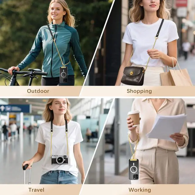 Alt view image 7 of 7 - Universal Phone Crossbody Lanyard Phone Chain, Anti-Theft Adjustable Cellphone Cross Body Neck Strap & iPhone Wrist Strap with 2×Metal Tether Tabs for iPhone 17, Most Smartphones, Black&Gold