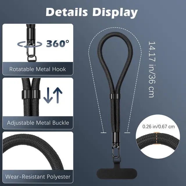 Alt view image 3 of 7 - 2 Pack Phone Wrist Strap Anti-theft, Adjustable Hand Wrist Phone Lanyard with 360° Rotating Hook and Tether Tabs, Cellphone Wristlet Strap for iPhone, Most Smartphones, Black+Black