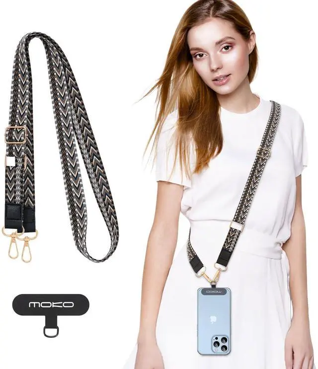 Main image of Universal Phone Lanyard, Braided Adjustable Cell Phone Crossbody Strap Detachable Women & Men Cellphone Lanyards Around The Neck with Patches for iPhone, Most Smartphones, Black & Gray