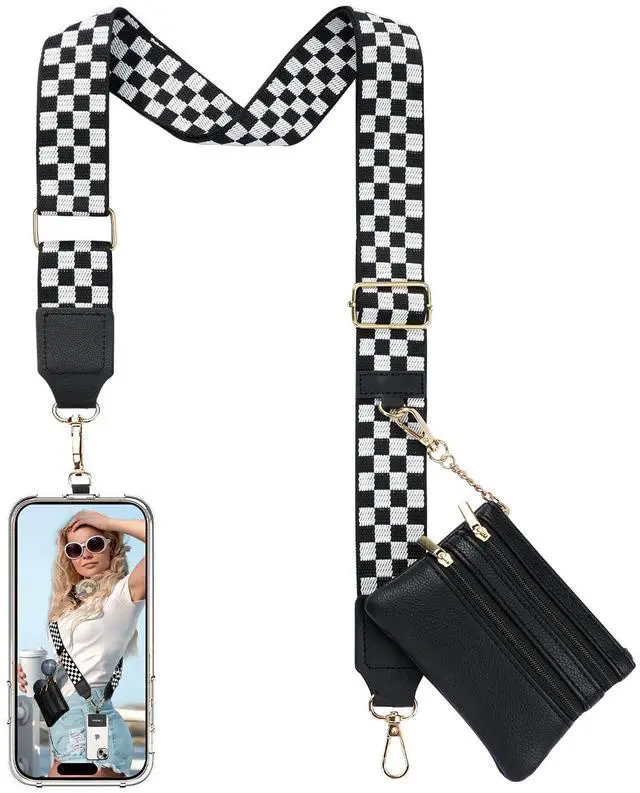 Main image of Clip and Go Phone Strap Crossbody with Leather Wallet, Adjustable Anti-Theft Phone Lanyard with Zippered Pouch, Universal Cell Phone Neck Lanyard for All Phone Cases, Checkered Black & White