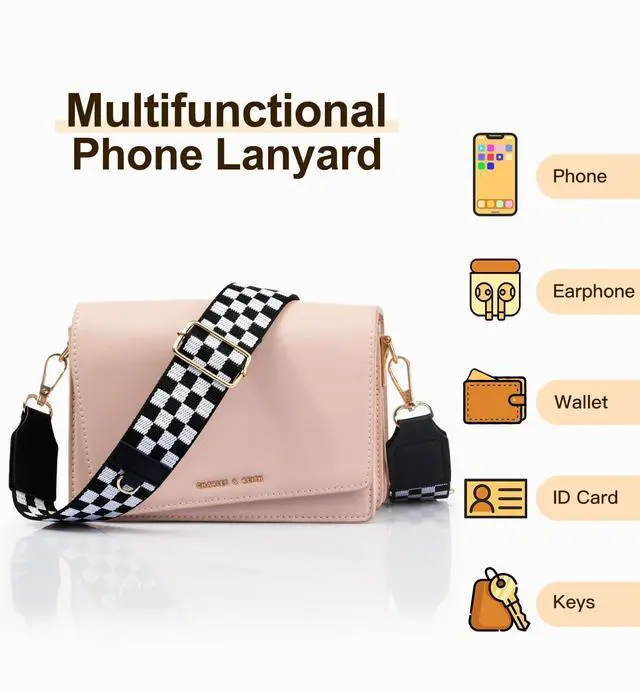 Alt view image 6 of 7 - Clip and Go Phone Strap Crossbody with Leather Wallet, Adjustable Anti-Theft Phone Lanyard with Zippered Pouch, Universal Cell Phone Neck Lanyard for All Phone Cases, Checkered Black & White