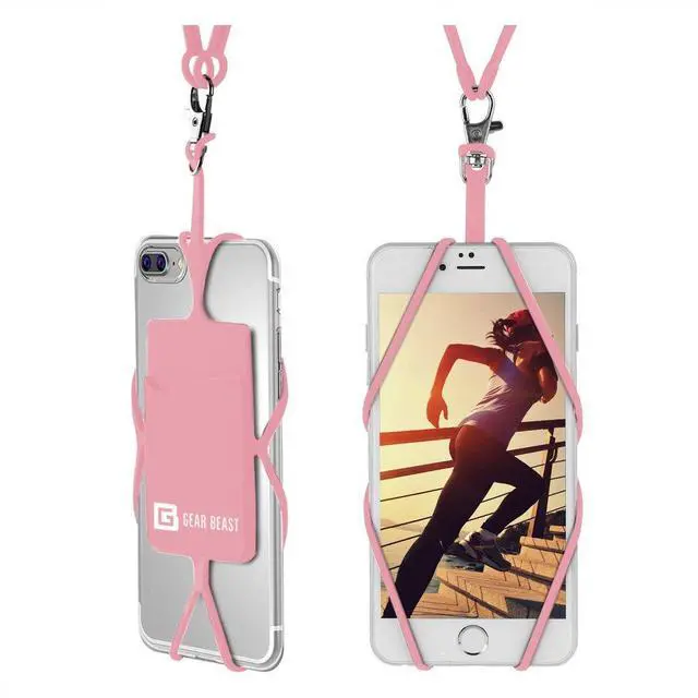 Main image of Cell Phone Lanyard - Universal Neck Phone Holder w/Card Pocket and Silicone Neck Strap - Compatible with Most Smartphones, Light Pink