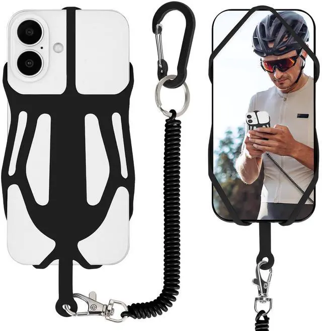 Main image of Silicone Phone Lanyard Holder with Carabiner, Universal Phone Strap,Anti-Theft Phone Case with Retractable Tether (Black)