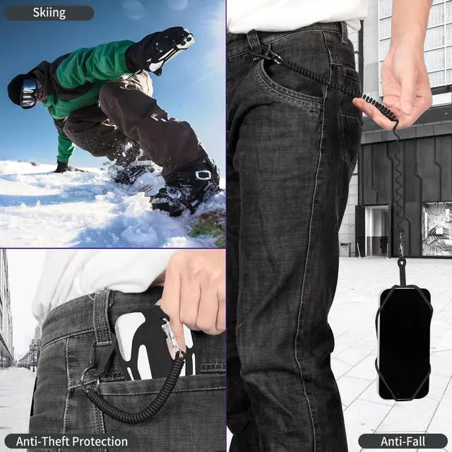 Alt view image 7 of 7 - Silicone Phone Lanyard Holder with Carabiner, Universal Phone Strap,Anti-Theft Phone Case with Retractable Tether (Black)