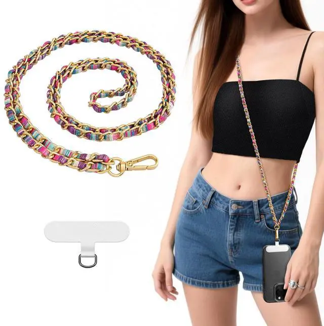 Main image of Cell Phone Chain Crossbody, Universal Phone Lanyard for iPhone 16 Pro Max and Most Smartphones, Anti-Theft Strap for Women, Metal Neck Holder for travel, Gold + Gradient Blue-Pink-Purple