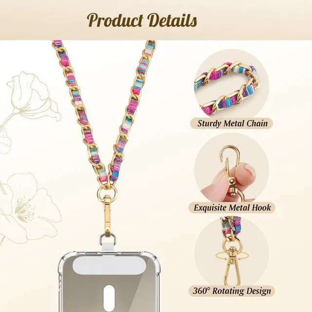 Alt view image 4 of 7 - Cell Phone Chain Crossbody, Universal Phone Lanyard for iPhone 16 Pro Max and Most Smartphones, Anti-Theft Strap for Women, Metal Neck Holder for travel, Gold + Gradient Blue-Pink-Purple