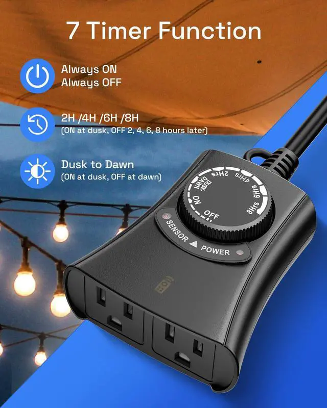 Alt view image 2 of 7 - Outdoor Light Timer with Remote Control, Waterproof Light Sensor Timer, 100 ft Wireless Range, 2 Grounded Outlets for Christmas Lights, 15A 1/2HP Heavy Duty