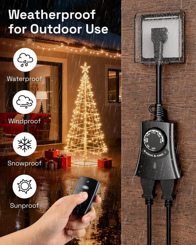 Alt view image 3 of 7 - Outdoor Light Timer with Remote Control, Waterproof Light Sensor Timer, 100 ft Wireless Range, 2 Grounded Outlets for Christmas Lights, 15A 1/2HP Heavy Duty