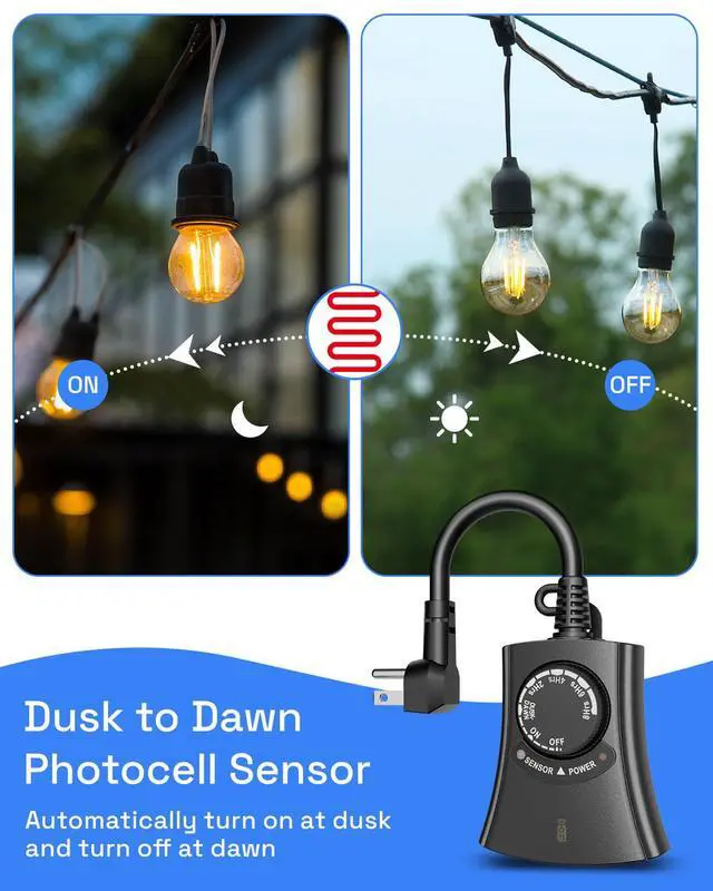 Alt view image 4 of 7 - Outdoor Light Timer with Remote Control, Waterproof Light Sensor Timer, 100 ft Wireless Range, 2 Grounded Outlets for Christmas Lights, 15A 1/2HP Heavy Duty