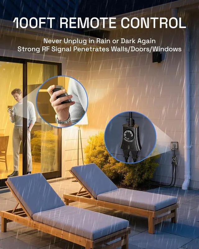 Alt view image 5 of 7 - Outdoor Light Timer with Remote Control, Waterproof Light Sensor Timer, 100 ft Wireless Range, 2 Grounded Outlets for Christmas Lights, 15A 1/2HP Heavy Duty