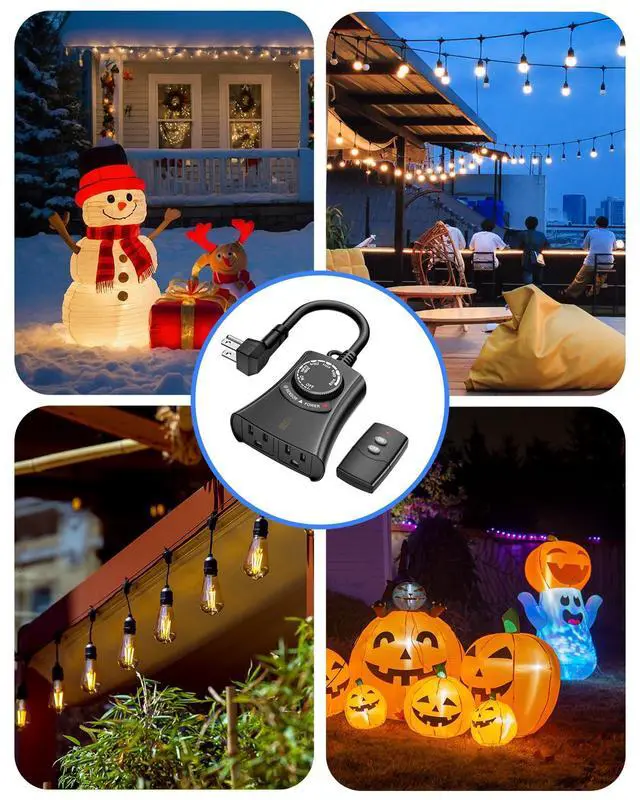 Alt view image 6 of 7 - Outdoor Light Timer with Remote Control, Waterproof Light Sensor Timer, 100 ft Wireless Range, 2 Grounded Outlets for Christmas Lights, 15A 1/2HP Heavy Duty