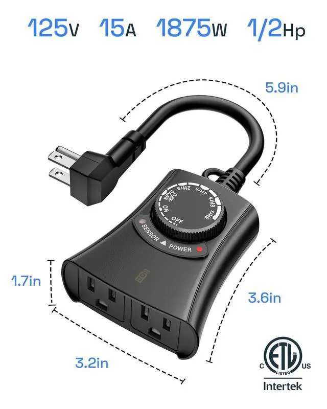 Alt view image 7 of 7 - Outdoor Light Timer with Remote Control, Waterproof Light Sensor Timer, 100 ft Wireless Range, 2 Grounded Outlets for Christmas Lights, 15A 1/2HP Heavy Duty