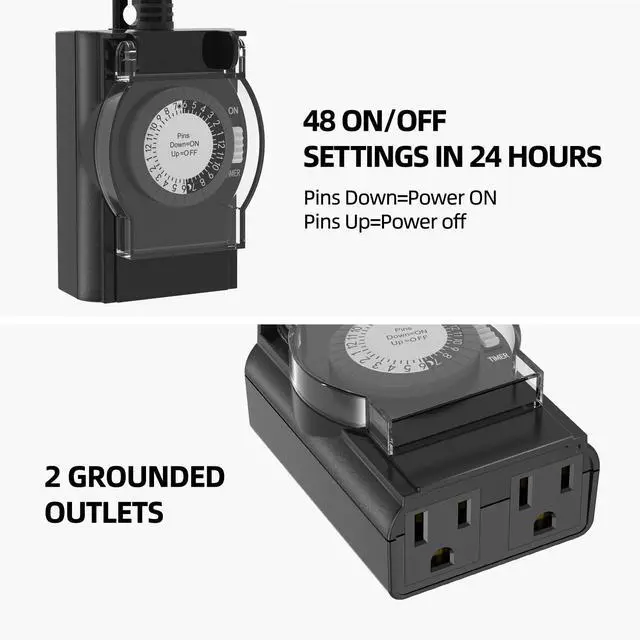 Alt view image 2 of 7 - Outdoor Timer Outlet Waterproof, 24 Hour Mechanical Light Timer Outdoor, 2 Grounded Outlets for Home and Garden, 15A 1/2HP, Heavy Duty, ETL Listed (1 Pack)
