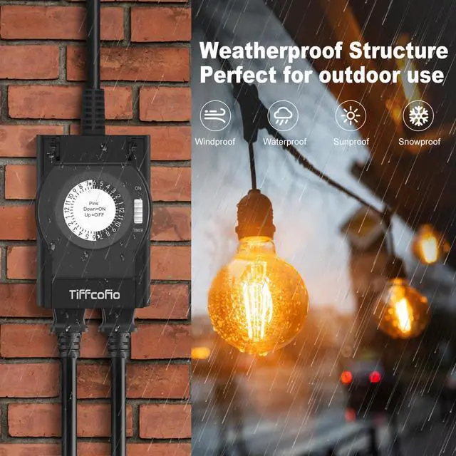 Alt view image 3 of 7 - Outdoor Timer Outlet Waterproof, 24 Hour Mechanical Light Timer Outdoor, 2 Grounded Outlets for Home and Garden, 15A 1/2HP, Heavy Duty, ETL Listed (1 Pack)