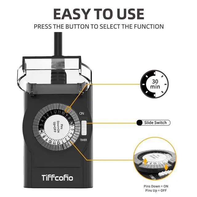 Alt view image 5 of 7 - Outdoor Timer Outlet Waterproof, 24 Hour Mechanical Light Timer Outdoor, 2 Grounded Outlets for Home and Garden, 15A 1/2HP, Heavy Duty, ETL Listed (1 Pack)