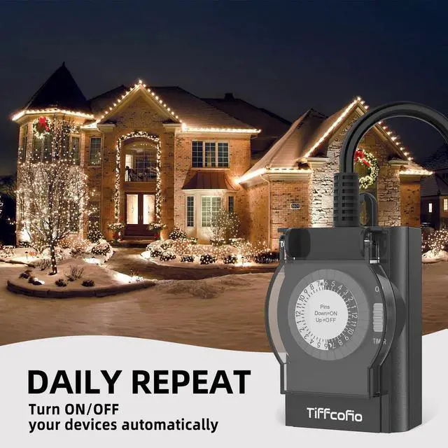 Alt view image 6 of 7 - Outdoor Timer Outlet Waterproof, 24 Hour Mechanical Light Timer Outdoor, 2 Grounded Outlets for Home and Garden, 15A 1/2HP, Heavy Duty, ETL Listed (1 Pack)