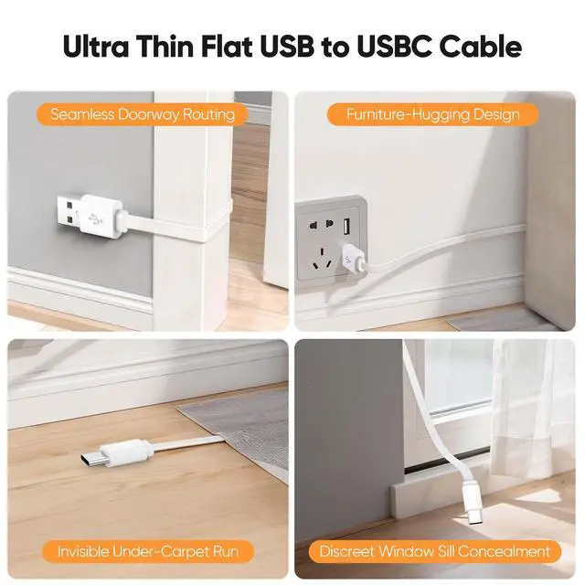 Alt view image 6 of 7 - Flat USB A to USB C Extension Cable 10FT 2-Pack,Long Type C Extension Cable for Camera Power Charging Compatible with Ring Pan Indoor Cam Plus/Spotlight Cam Plus,Blink Outdoor 4/2K+/Mini 2K+