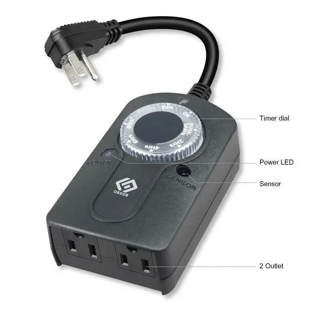 Alt view image 3 of 5 - Outdoor 24-Hour Light Timer, Water Resistant, Photocell Dusk to Dawn Light Sensor 2/4/6/8 Countdown Timer, 14AWG Cord, Two Grounded Outlets for Home, Christmas Lights, Garden.15A, UL Listed.