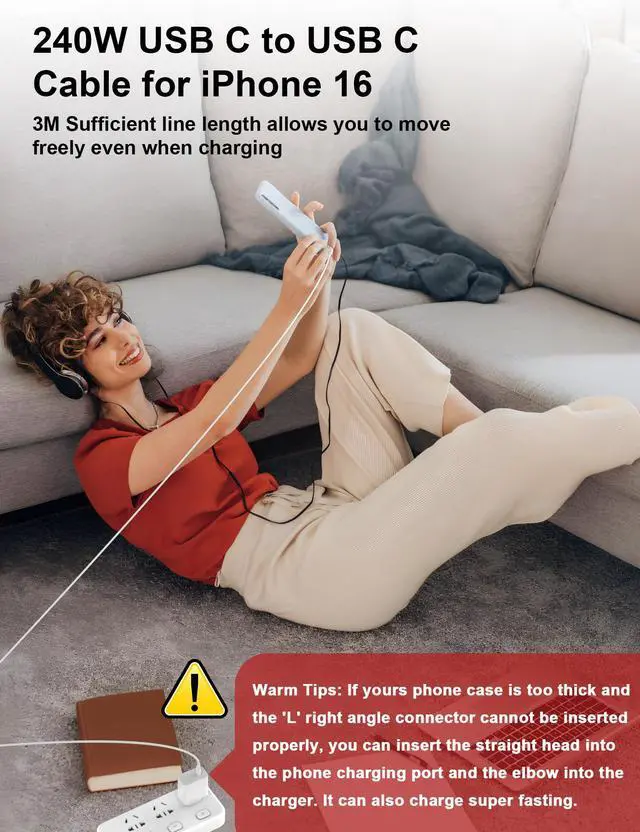 Alt view image 3 of 7 - 10FT USB C to USB C Cable Fast Charging 240W,10Foot Long for iPhone 16 Charger Cord,Right Angle Data Transfer Type C Charger Cable for iPhone 17 16/iPad Pro Air/Samsung S26 S25 S24 Ultra/MacBook,White