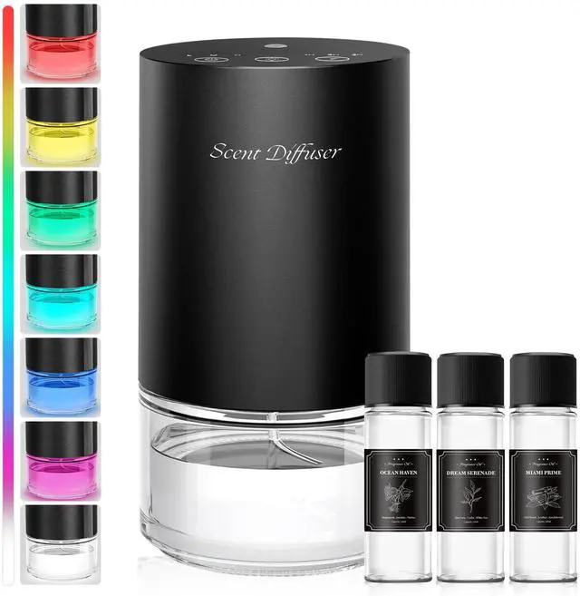 Main image of Waterless Essential Oil Diffuser Stater Kit - Included 3x20mL Essential Oils, Battery Operated, Cold Air Scent Diffuser for Home, Car, Office, Portable Diffuser with 7-Color Light, 100mL, Black