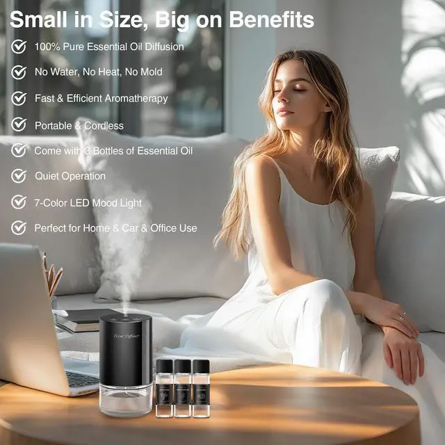 Alt view image 2 of 7 - Waterless Essential Oil Diffuser Stater Kit - Included 3x20mL Essential Oils, Battery Operated, Cold Air Scent Diffuser for Home, Car, Office, Portable Diffuser with 7-Color Light, 100mL, Black